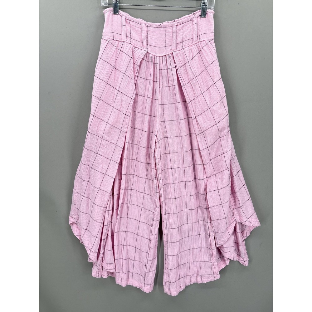 Free People Pants Small Pink Check Harem Wide Leg Lunar Cove Pleats Boho Pull On